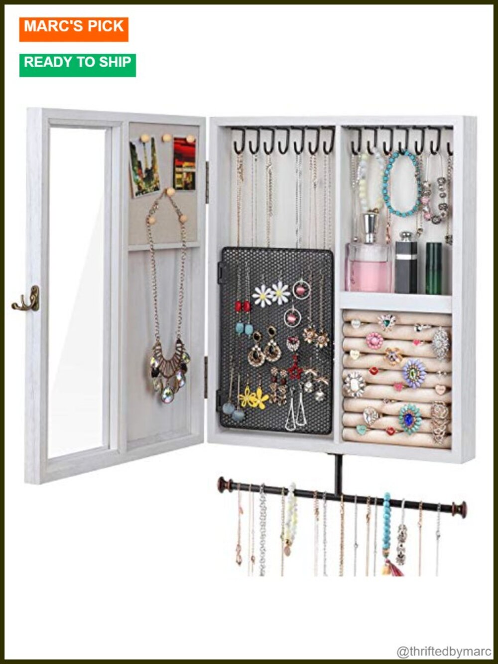 Rustic Wood Wall Mounted Jewelry Organizer Cabinet with Detachable T-Bar